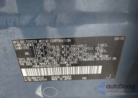 2010 Toyota Rav4 Base V6 from USA, damaged, VIN JTMBK4DV5AD016205